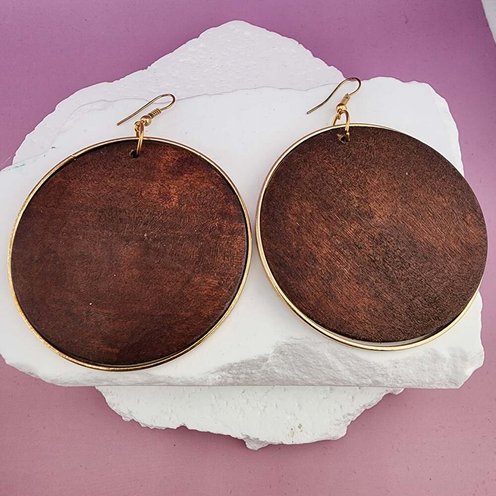 Brown Wood Disc Drop Earrings Gold Tone Wire Overlay Large Boho Statement